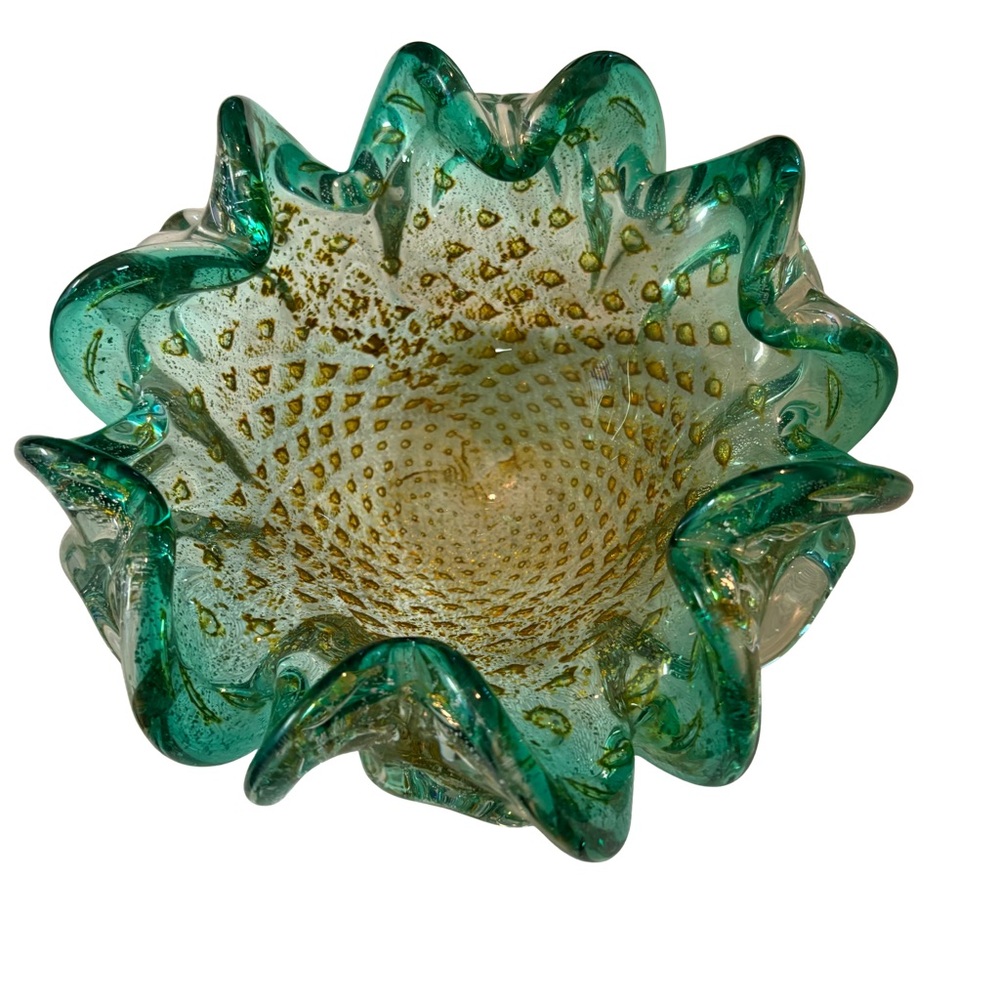 Murano • Mid-Century Bullicante Green Art Glass Bowl